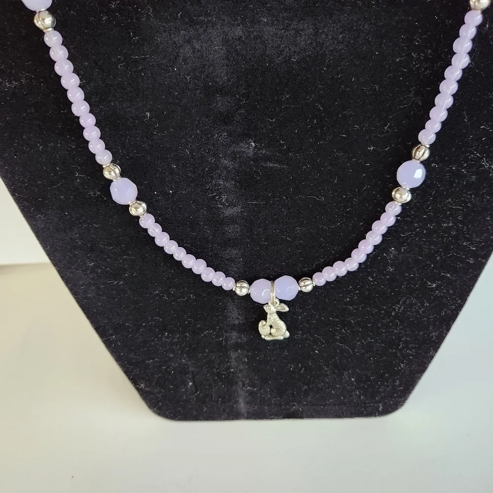 Hand Crafted Rabbit Charm Necklace Pierced Earrings Lavender Silver Easter Bunny